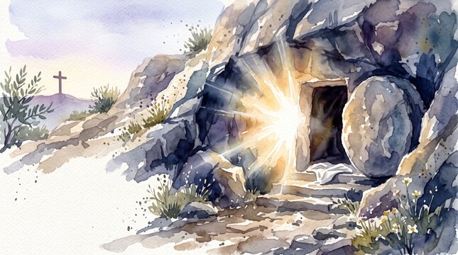 Empty tomb with stone rolled away among rocky hills, watercolor illustration. Resurrection of Jesus Christ and Easter story. Christian faith, hope, salvation and renewal. Religious art.