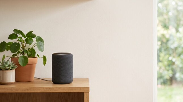 Smart speaker with plants on a wooden shelf near a window with blurred green foliage outside