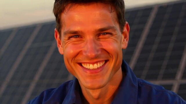Charismatischer Solartechniker l&auml;chelt in der Abendsonne