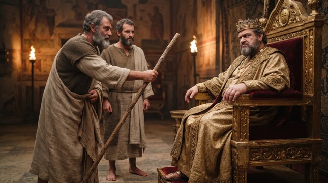 Jesus Christ stands before a crowned ruler in an ornate throne room. Biblical scene of judgment and authority. Christian faith, Catholic religion, scripture and devotion.