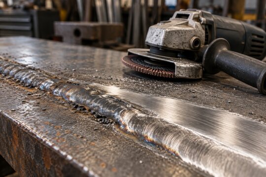 Weld bead on heavy steel plate beside angle grinder in metalworking shop. Welding fabrication and metal repair. Industrial workshop and skilled trade. Steelwork and industrial manufacturing.