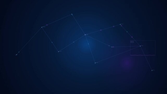 Futuristic digital network nodes connecting with glowing lines in dark blue cyberspace motion background graphic animation