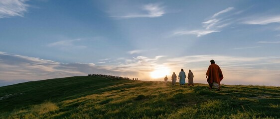 Fototapeta premium Jesus and his disciples walking up a grassy hill toward the sermon on the mount, with a soft glowing sky and copy space for church banners