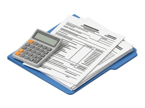 Tax documents with calculator and folder, tax preparation