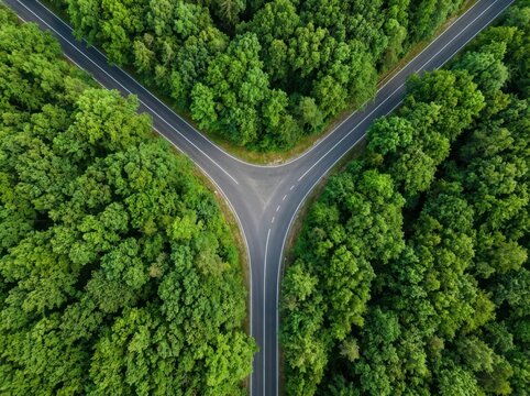 Aerial view of a diverging road junction within a lush green forest symbolizing choice and direction