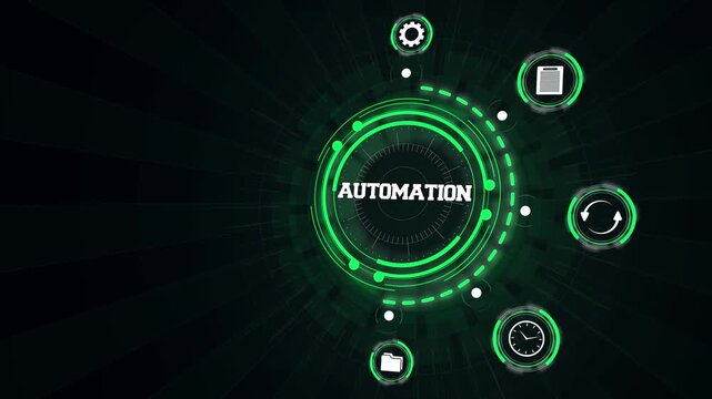 Corporate business automation system interface highlighting interactive technological execution metrics