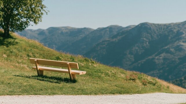 Wooden bench overlooking a scenic mountain range on a grassy hillside with a gravel path, for mindfulness and travel