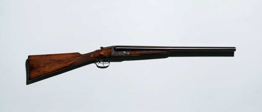 Antique double barrel shotgun with an engraved metal receiver and polished wooden stock, featuring weathered textures for hunting and history