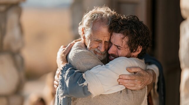 Prodigal son and father embrace in a heartfelt reunion, featuring weathered skin and coarse linen textures for biblical teaching