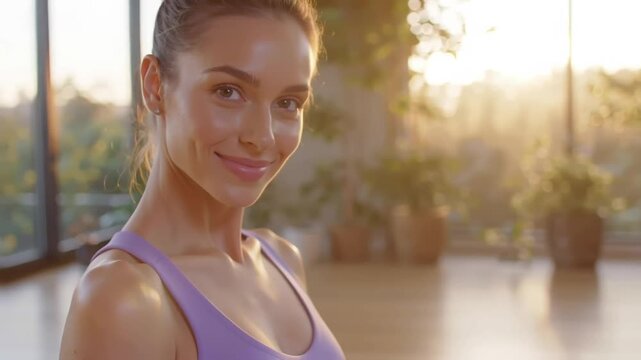 Strahlende junge Frau im Lavendel-Yoga-Outfit l&auml;chelt sanft