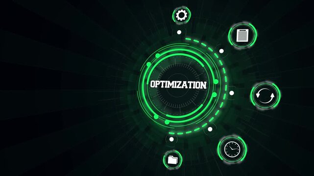 Strategic business optimization panel rendering performance enhancement icons on high tech UI