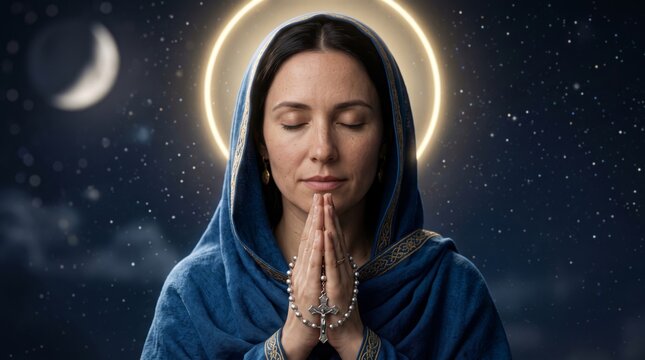 Woman praying with rosary beneath a halo against a starry sky and crescent moon. Catholic devotion and Christian faith. Marian spirituality, prayer and religious symbolism concept.