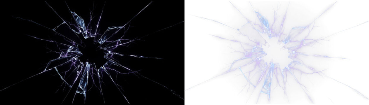 Broken glass texture with radial cracks and central hole on black and transparent backgrounds