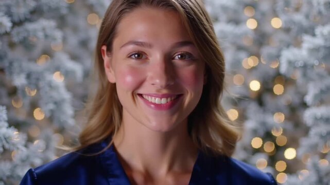 Strahlende junge Frau in blauer Seidenbluse bei Winterfestlichkeiten