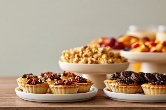 Halloween buffet with pumpkin tartlets, cookies, popcorn and fruit on ceramic stands in office kitch