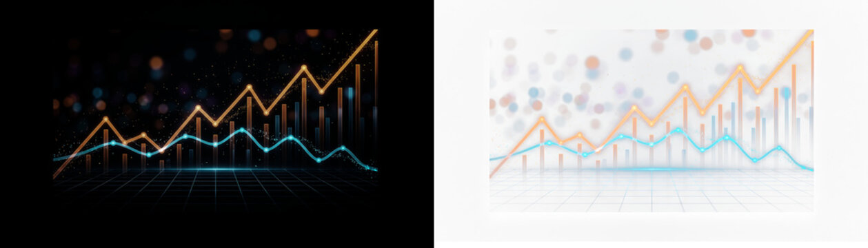 Financial charts and graphs with digital data on black background and transparent background
