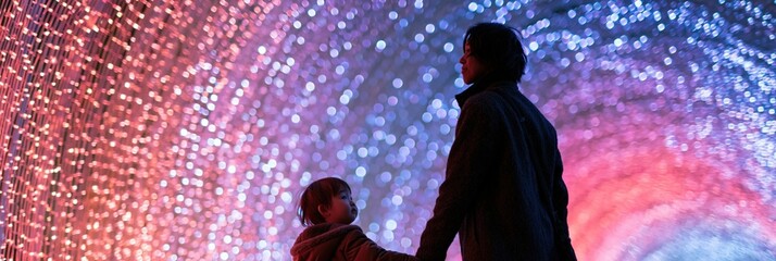 Fototapeta premium Parent and child silhouette in a colorful illuminated tunnel with glittering bokeh lights for wallpaper and poster design