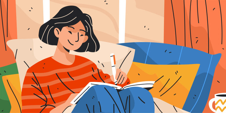Morning journaling in bed woman writing notebook cozy pillows warm sunlight cup of coffee home relaxation lifestyle colorful flat design