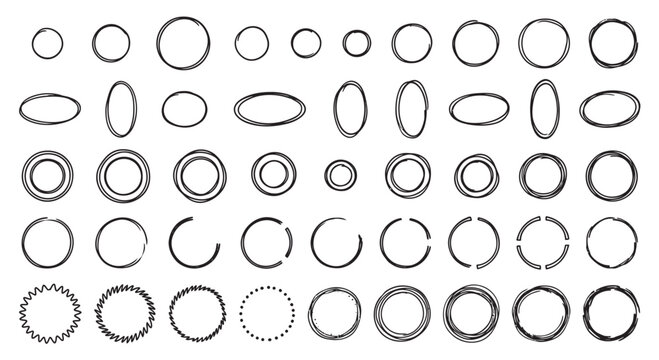 Set of hand drawn circles and rings sketch shapes collection with doodle rings rough circles imperfect circles pencil circles oval shapes round shapes scribble circles contour lines isolated
