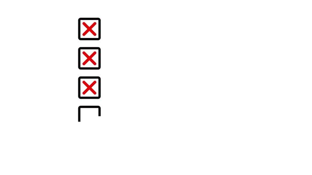Five bullet point multiple choice checklist boxes with crosses icon animation and alpha channel . Square boxes and red wrong incorrect cross for rejection animation on white background.