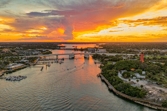 aerial view of Jupiter Inlet and US 1 bridge at sunset
