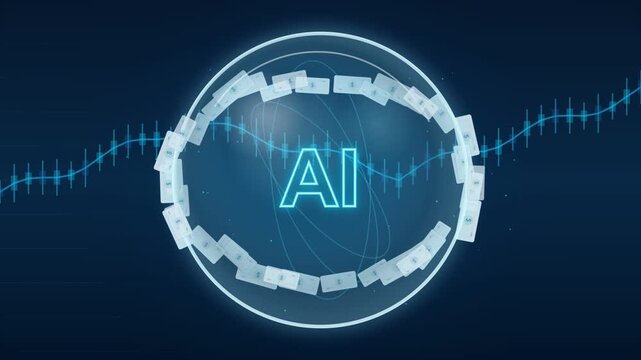 Artificial intelligence glowing symbol rotating inside circular financial stock market graph motion graphic video footage
