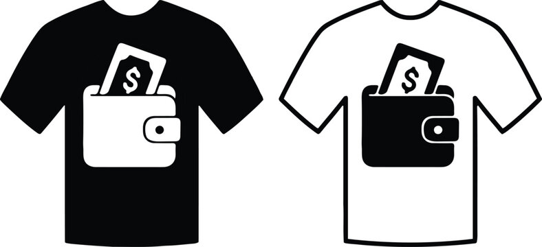 Black and white t-shirt designs with wallet and dollar money banknote icon