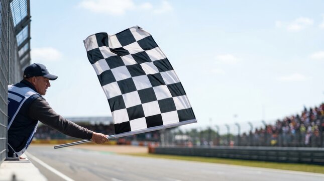Motor racing official waving a black and white checkered flag. Formula racing finish line concept