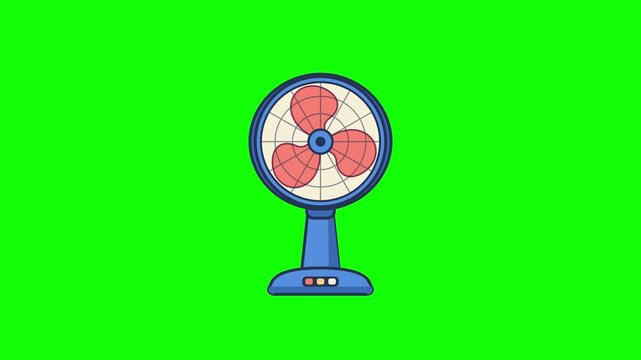 Blue electric desk fan spinning on green screen background