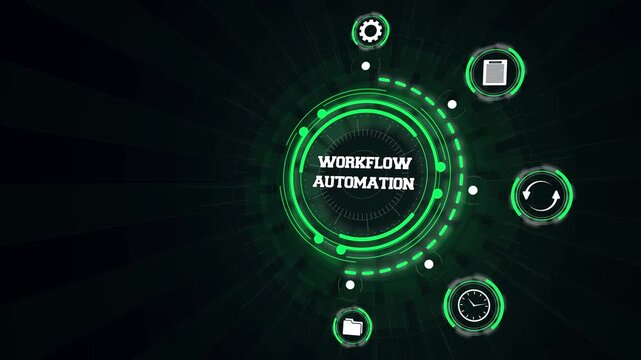 Automated workflow system interface showing high speed corporate task execution icons