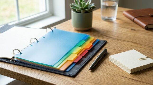 Colorful plastic tabbed dividers in a ring binder on a wooden desk. Office organization concept