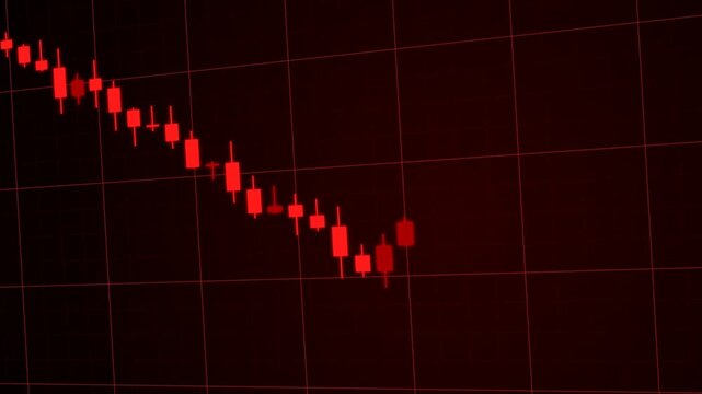 Red stock market graph showing financial crisis and economic crash with falling candlestick charts in motion video footage
