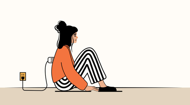 Woman digital fatigue concept person sitting unplugged striped pants minimalist background metaphor exhaustion modern website banner