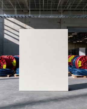 Blank cream drafting board mockup standing in a raw data center construction site with cable drums and server racks, for branding and copy space