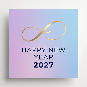 Golden infinity symbol with happy new year 2027 text on pastel gradient background