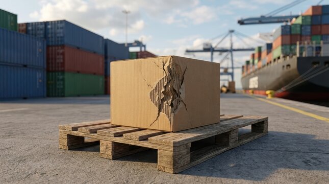 Damaged cardboard parcel box on wooden pallet in logistics port. Shipping damage and cargo insurance concept