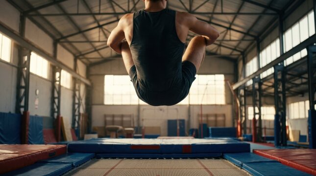 Gymnast bouncing high on trampoline in sports hall. Active lifestyle and athletic training concept