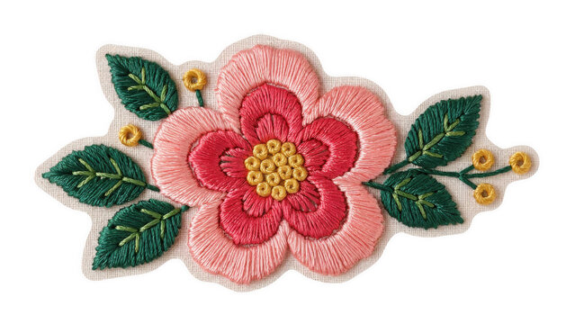 Pink embroidered flower with green leaves and yellow accents isolated on transparent background