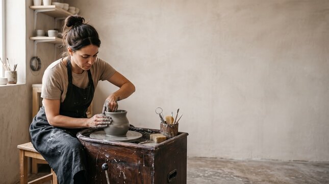 Woman focused on creating pottery on a spinning wheel in a rustic studio setting