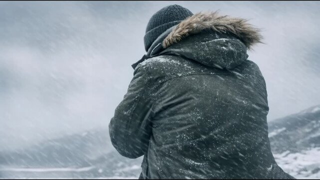 A person wearing a parka stands in the snow, with a background of winter landscape