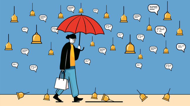 Person with umbrella digital fatigue notifications overwhelm stress concept message bubbles alert bells blue background website banner