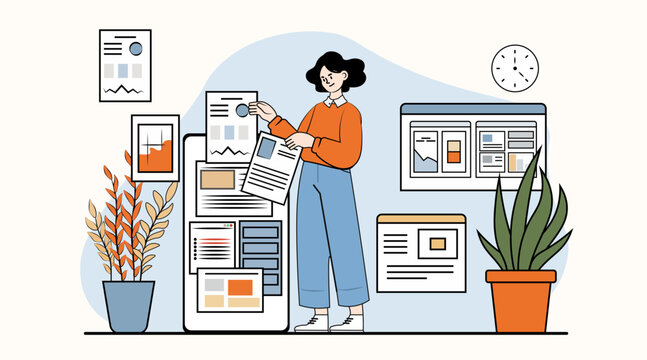 Woman digital fatigue multitasking screens documents charts plants clock workspace overload modern office background website template