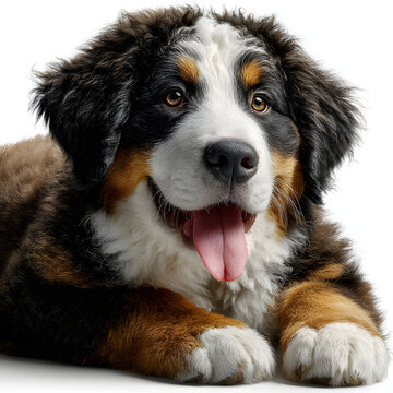 Gorgeous young Berner Sennen dog, laying down facing front on an edge. Looking towards camera. Isolated on a white background. Mouth open, tongue out.