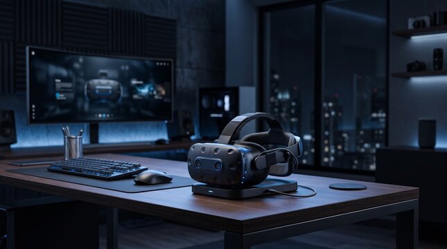 Modern Gaming Setup with VR Headset on Desk at Night with Cityscape View