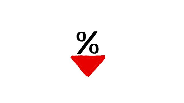 Minimalist percentage sign with red down arrow percentage decrease animation on white background