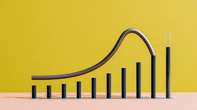 Bell curve graph with a smooth metallic rod and glass bars on a yellow background for data trends and business analytics