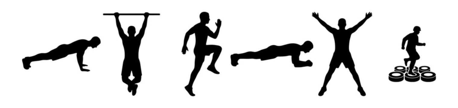 Fitness silhouettes set with push-ups, pull-ups, high knees, plank, jumping jacks and agility drill for sports and exercise