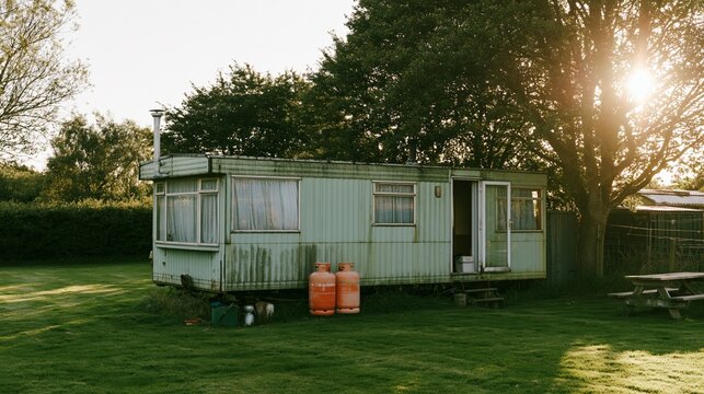 Weathered mobile home standing in a rural field, surrounded by green grass and trees during sunset