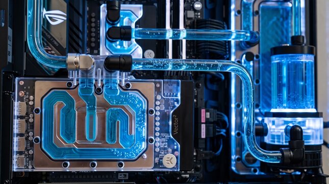 Custom liquid cooling system with blue coolant flowing through transparent tubing in a PC build