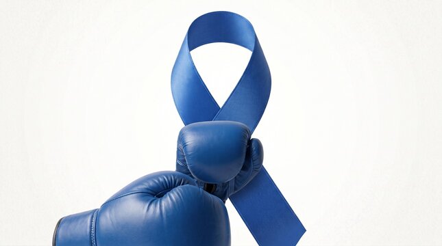 Blue boxing gloves positioned in front of a blue awareness ribbon on a clean white background. Blue November